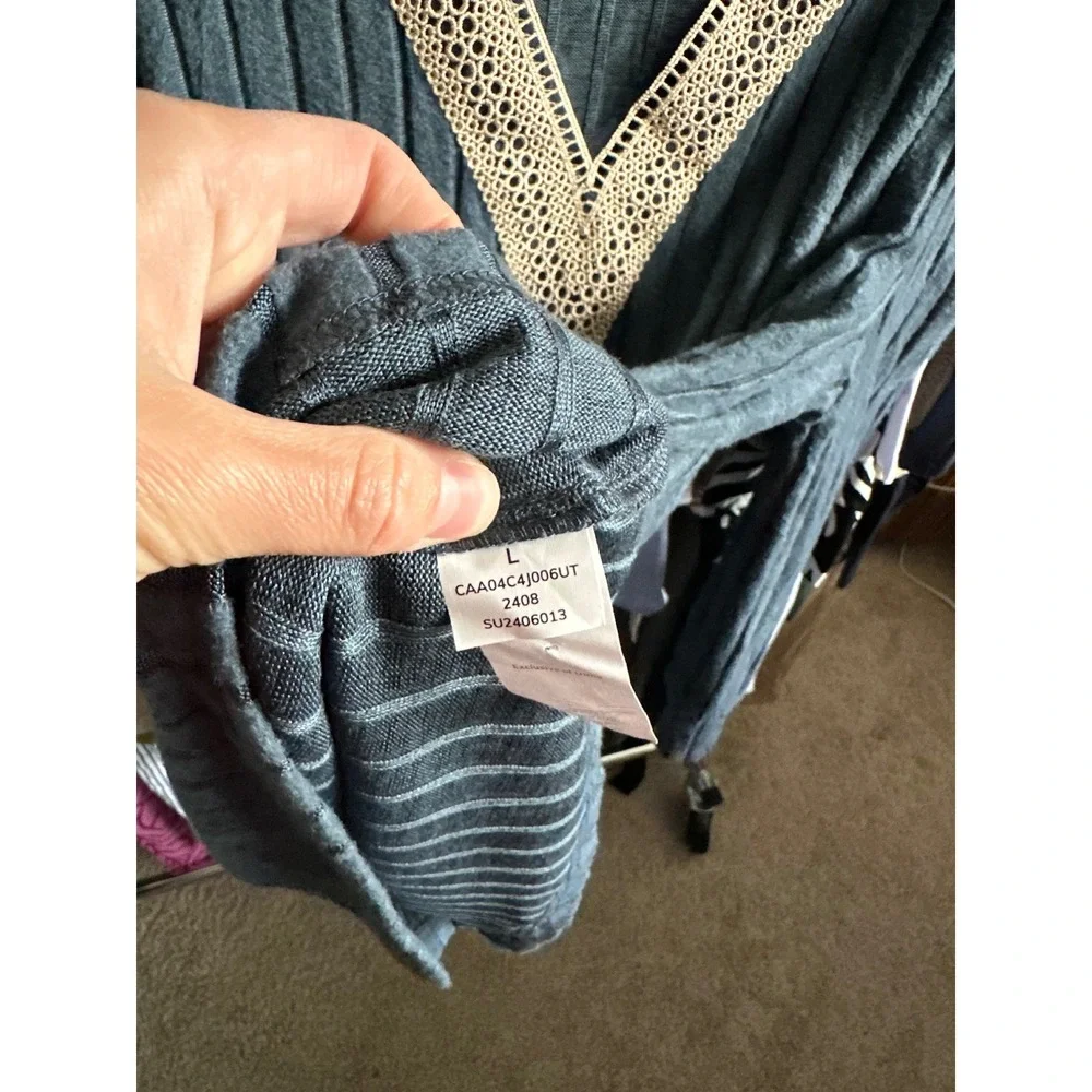 Cupshe Blue Ribbed Knit‎ Puff Sleeve Crochet V-Neck Top Size L NEW